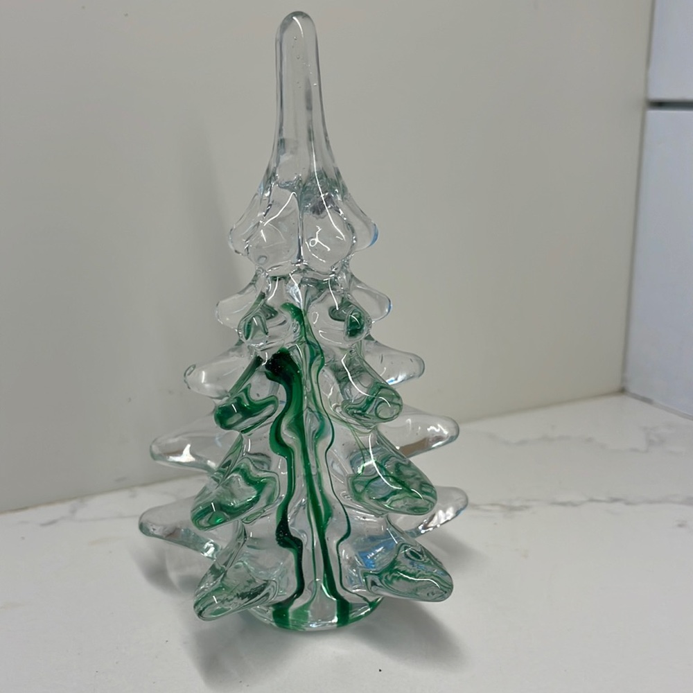 Glass Christmas Tree Figurine. Clear glass with Green color. 5.5” tall.